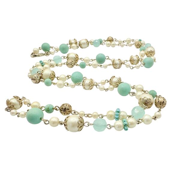 Vintage Carolee Aqua & Pearl Beaded Necklace | Ocean Hues with Silver Tone - Picture 2 of 4